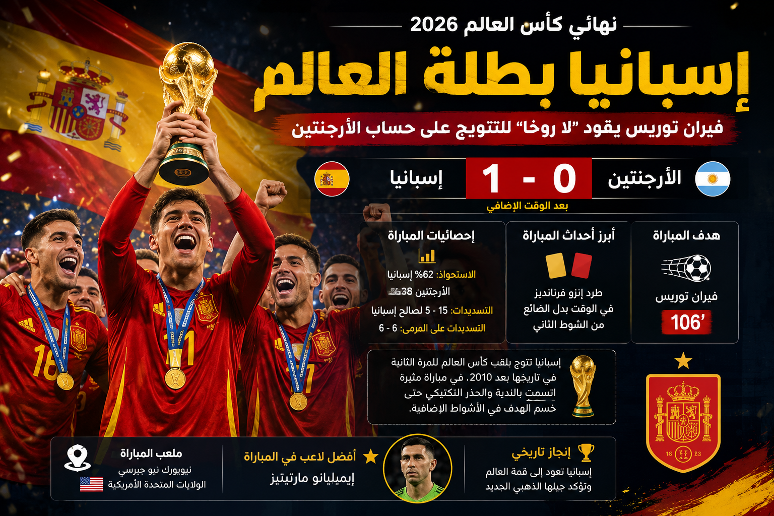 إسبانيا تعانق المجد العالمي.. أرقام النهائي تكشف تفوق لا روخا وصمود الأرجنتين حتى الدقيقة 106