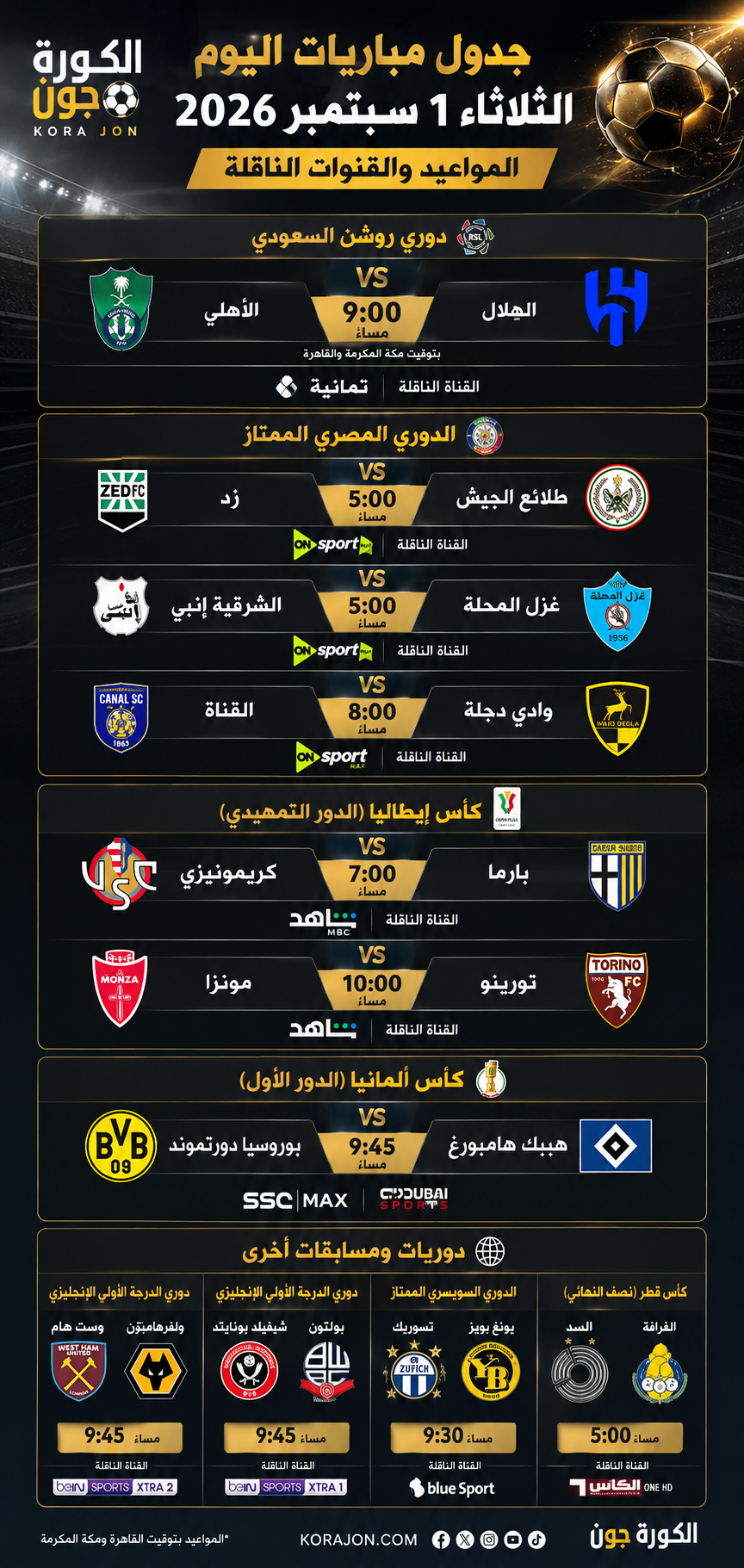 جدول مباريات اليوم الثلاثاء 1 سبتمبر 2026 والقنوات الناقلة.. الهلال والأهلي و3 مواجهات في الدوري المصري